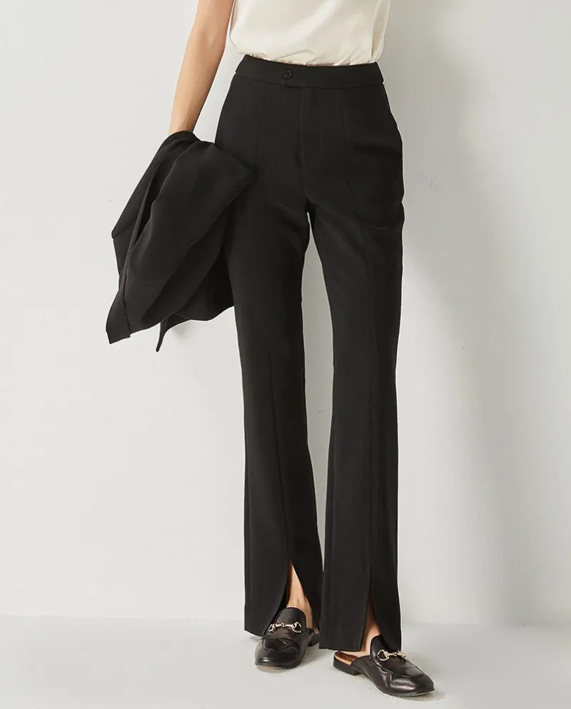 23 Autunno New Slim Fit Nero Casual Pantaloni larghi Fessura anteriore Micro-flare Pantaloni dimagranti a vita alta per le donne