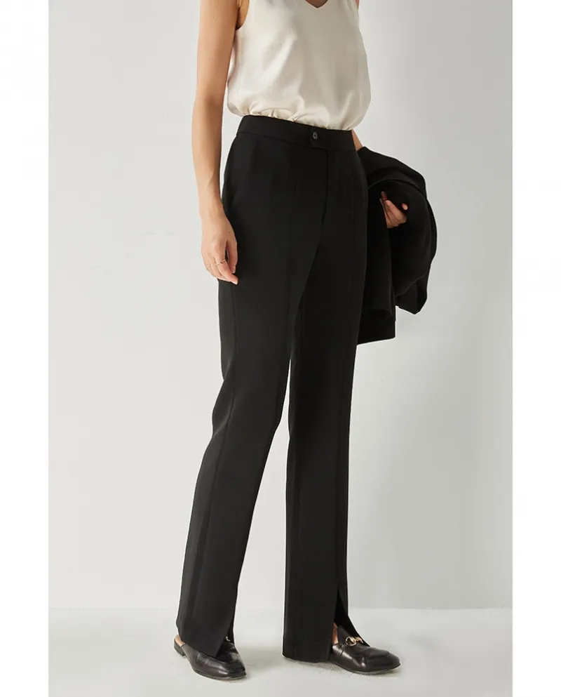 23 Autunno New Slim Fit Nero Casual Pantaloni larghi Fessura anteriore Micro-flare Pantaloni dimagranti a vita alta per le donne