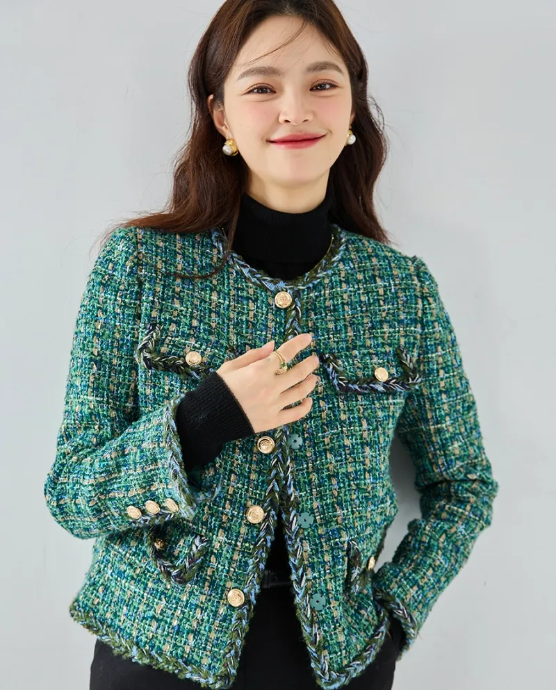 23 Nuovo autunno e inverno verde tweed intrecciato leggero stile maturo giacca girocollo anti-età piccolo * stile profumato a