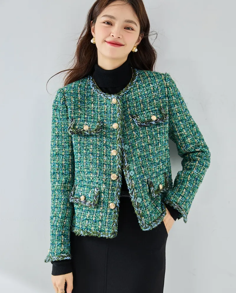 23 Nuovo autunno e inverno verde tweed intrecciato leggero stile maturo giacca girocollo anti-età piccolo * stile profumato a