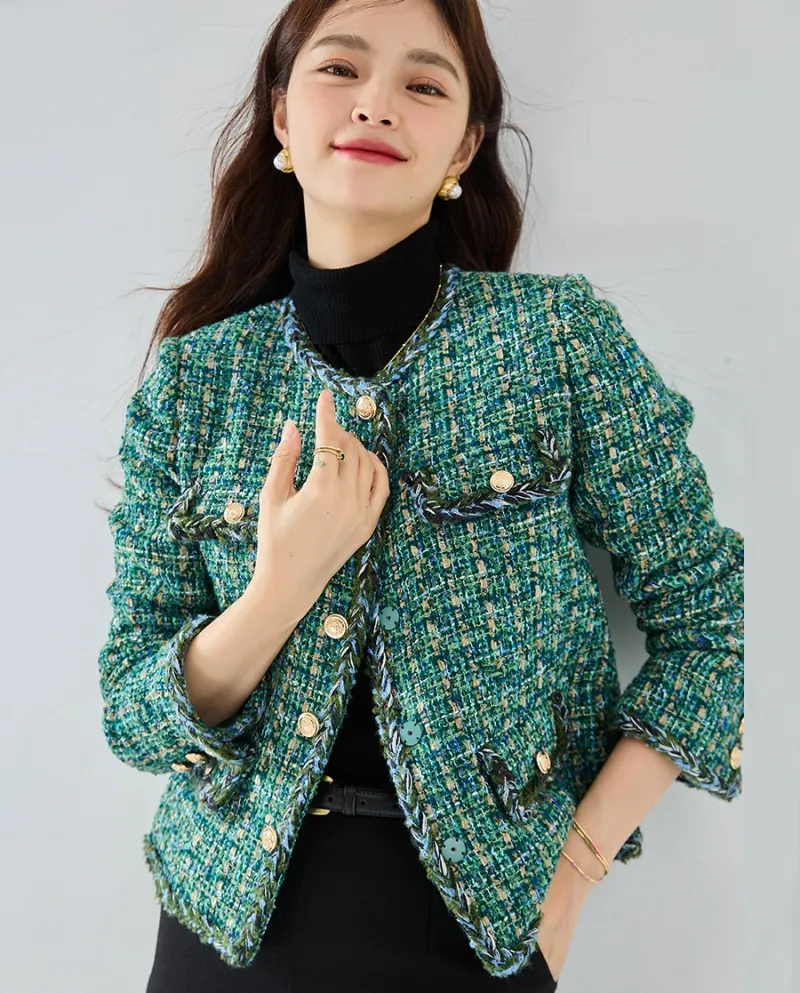23 Nuovo autunno e inverno verde tweed intrecciato leggero stile maturo giacca girocollo anti-età piccolo * stile profumato a