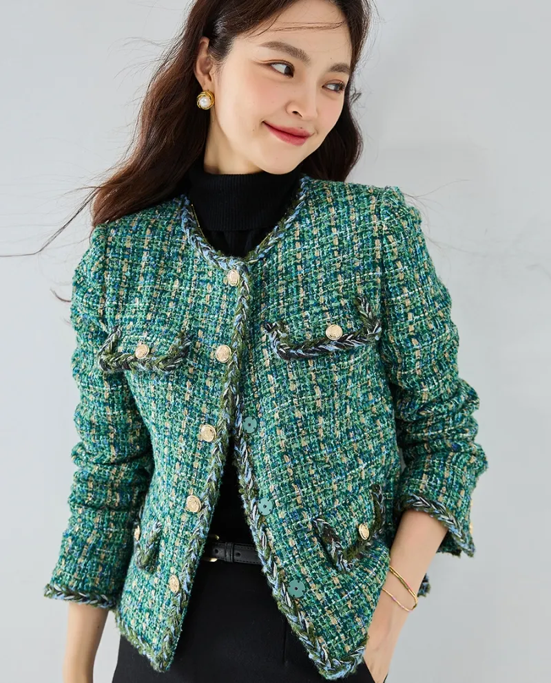 23 Nuovo autunno e inverno verde tweed intrecciato leggero stile maturo giacca girocollo anti-età piccolo * stile profumato a