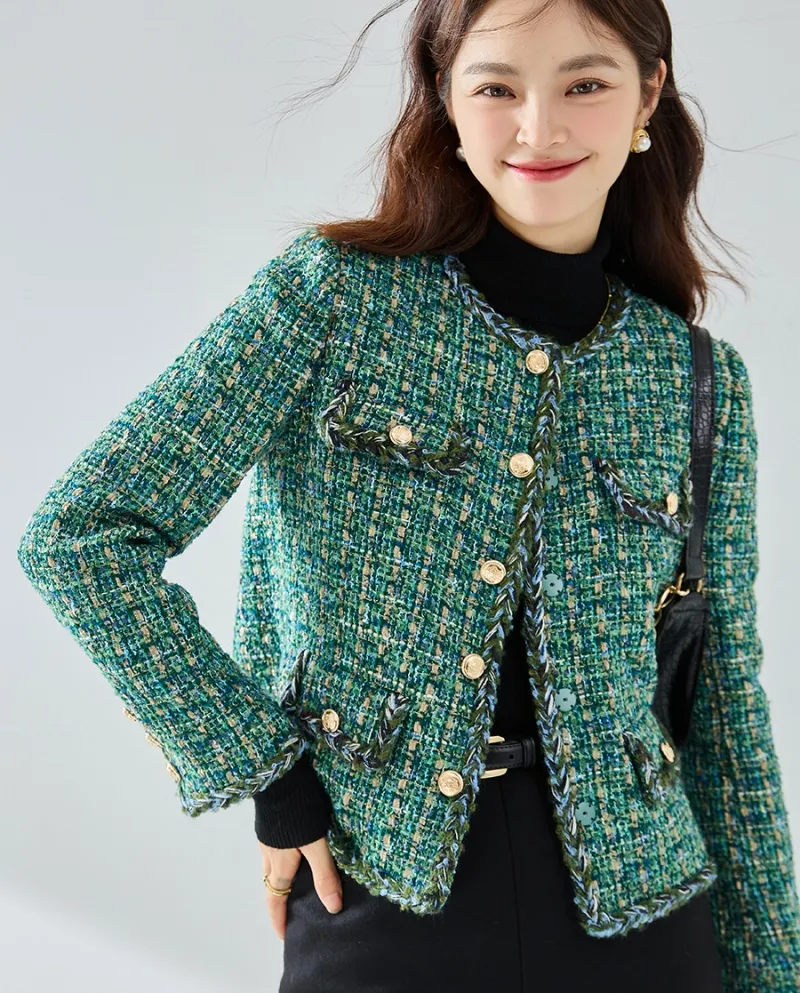 23 Nuovo autunno e inverno verde tweed intrecciato leggero stile maturo giacca girocollo anti-età piccolo * stile profumato a