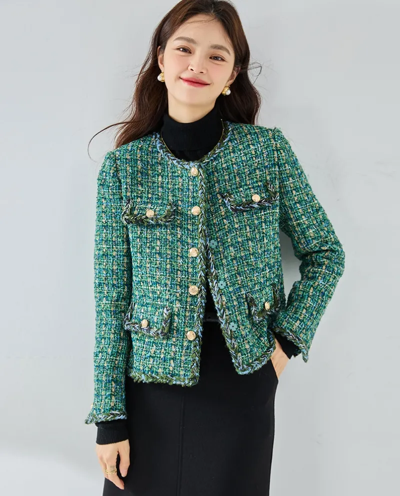 23 Nuovo autunno e inverno verde tweed intrecciato leggero stile maturo giacca girocollo anti-età piccolo * stile profumato a