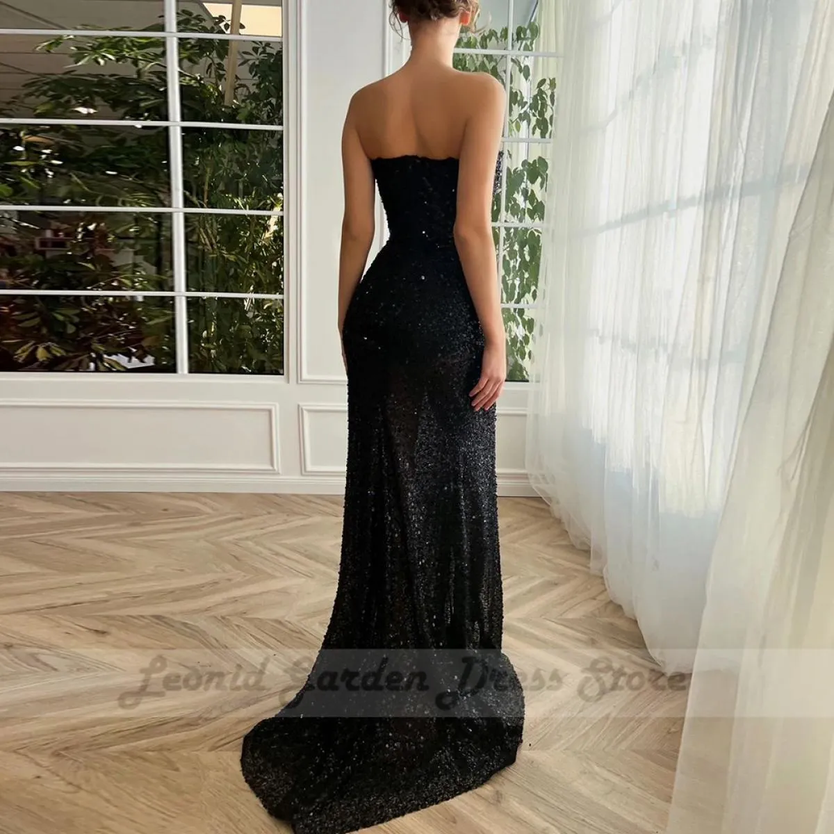 Abiti da festa a sirena senza spalline neri 2022 Abiti da sera con spacco laterale con lunghezza del pavimento con paillettes pe