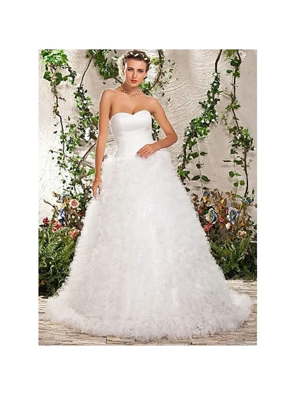 Abito da sposa A-line con gonna in tulle vaporosa piena di piccole balze