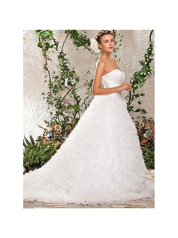 Abito da sposa A-line con gonna in tulle vaporosa piena di piccole balze
