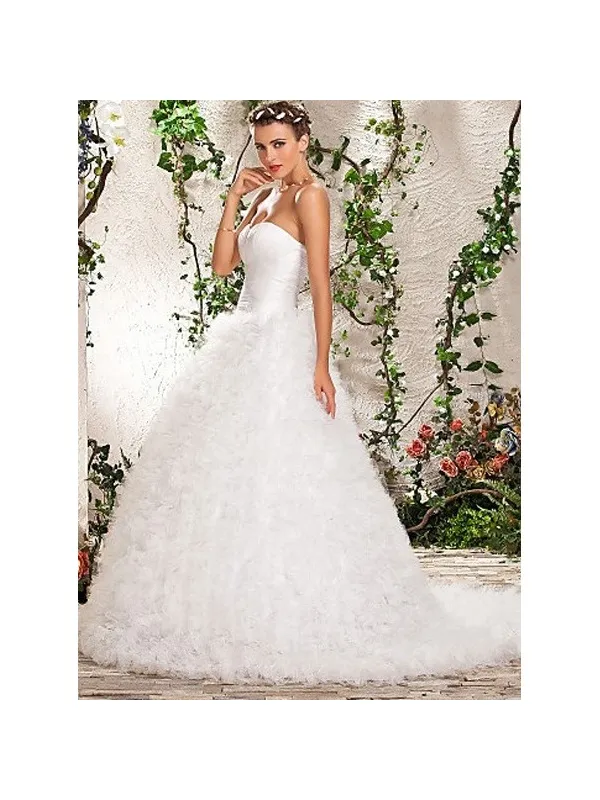 Abito da sposa A-line con gonna in tulle vaporosa piena di piccole balze