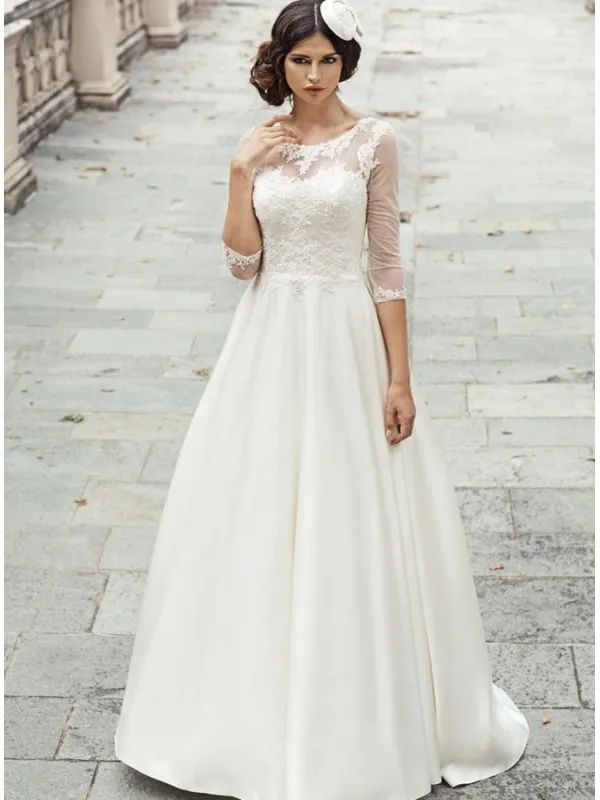 Abito da Sposa Economico con gonna ampia in Raso morbido e corpetto in Pizzo con maniche