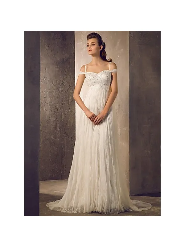 Abito da sposa stile impero con gonna in tulle plisse e corpetto con perline