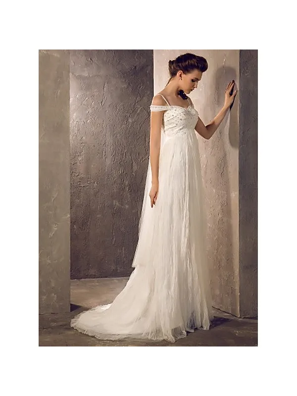 Abito da sposa stile impero con gonna in tulle plisse e corpetto con perline