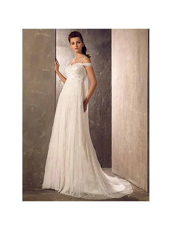 Abito da sposa stile impero con gonna in tulle plisse e corpetto con perline