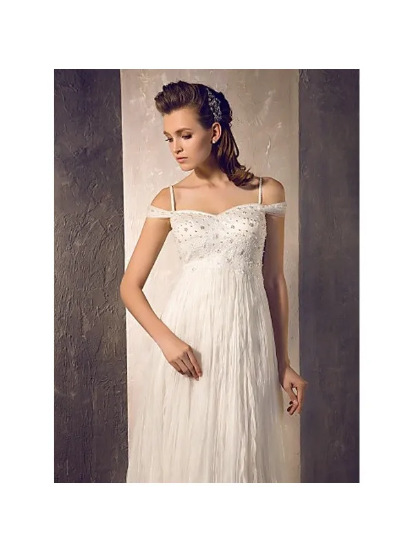 Abito da sposa stile impero con gonna in tulle plisse e corpetto con perline