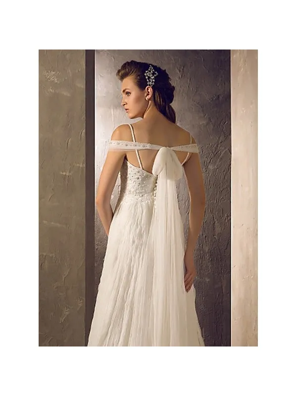Abito da sposa stile impero con gonna in tulle plisse e corpetto con perline