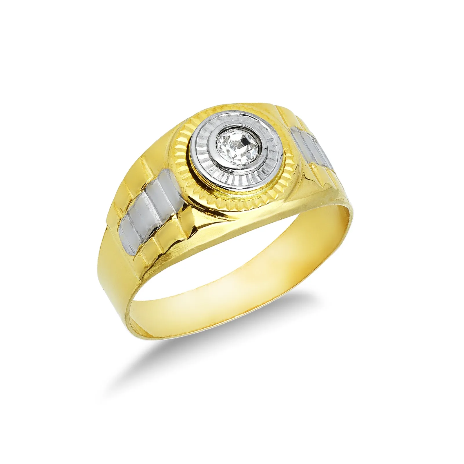 Anello tipo solitario in oro giallo e bianco 18k con zircone.