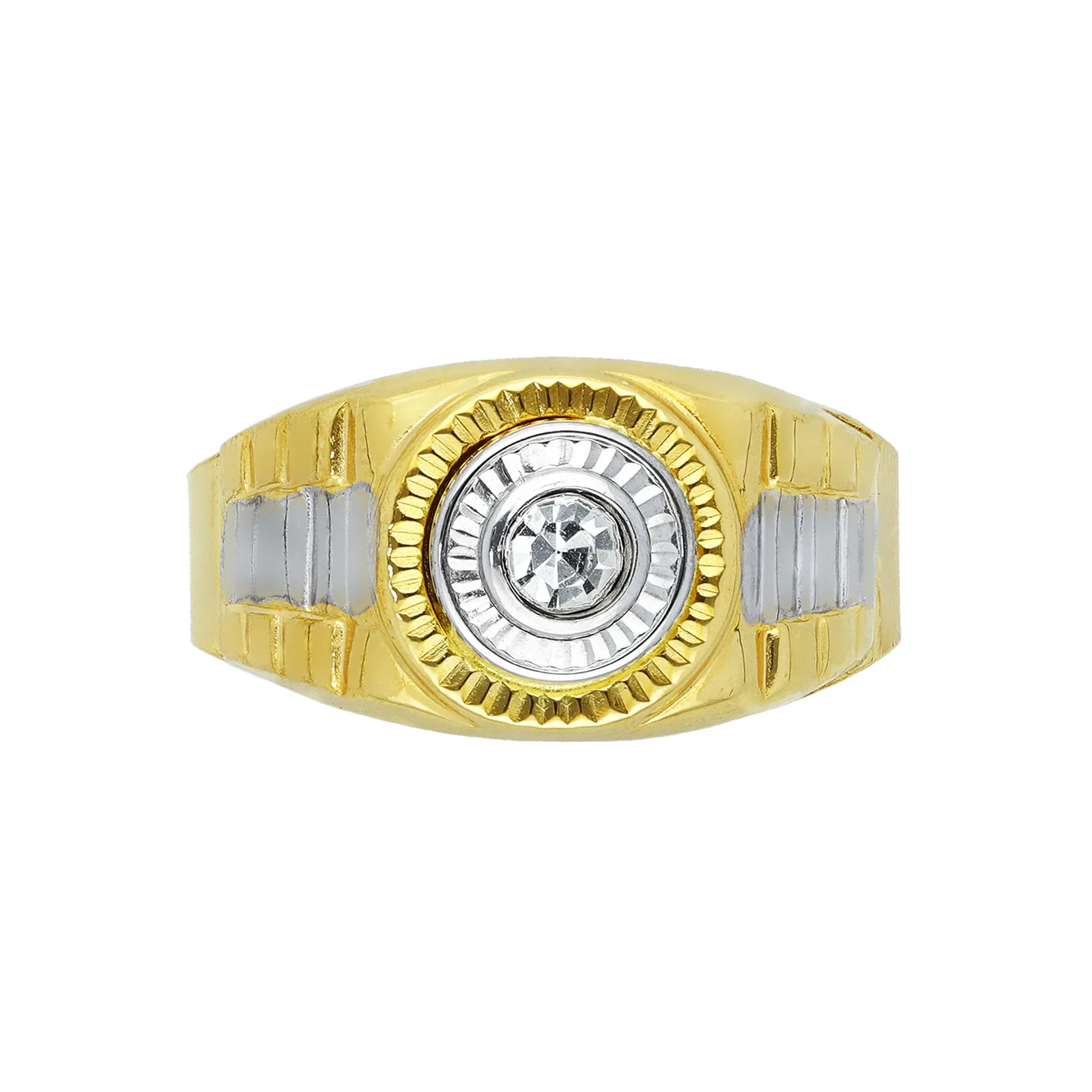 Anello tipo solitario in oro giallo e bianco 18k con zircone.