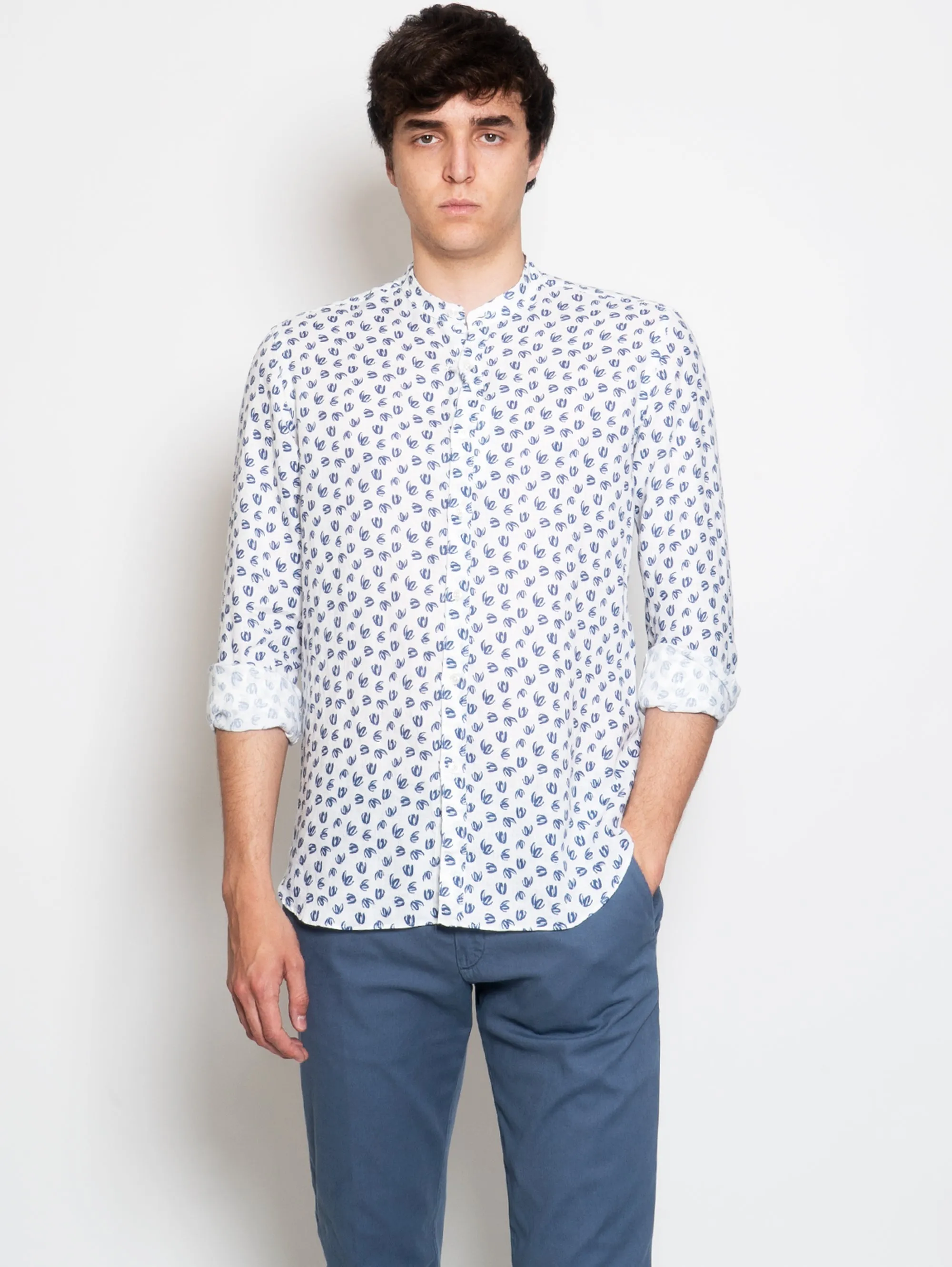 Camicia Coreana  in Lino Stampato Blu