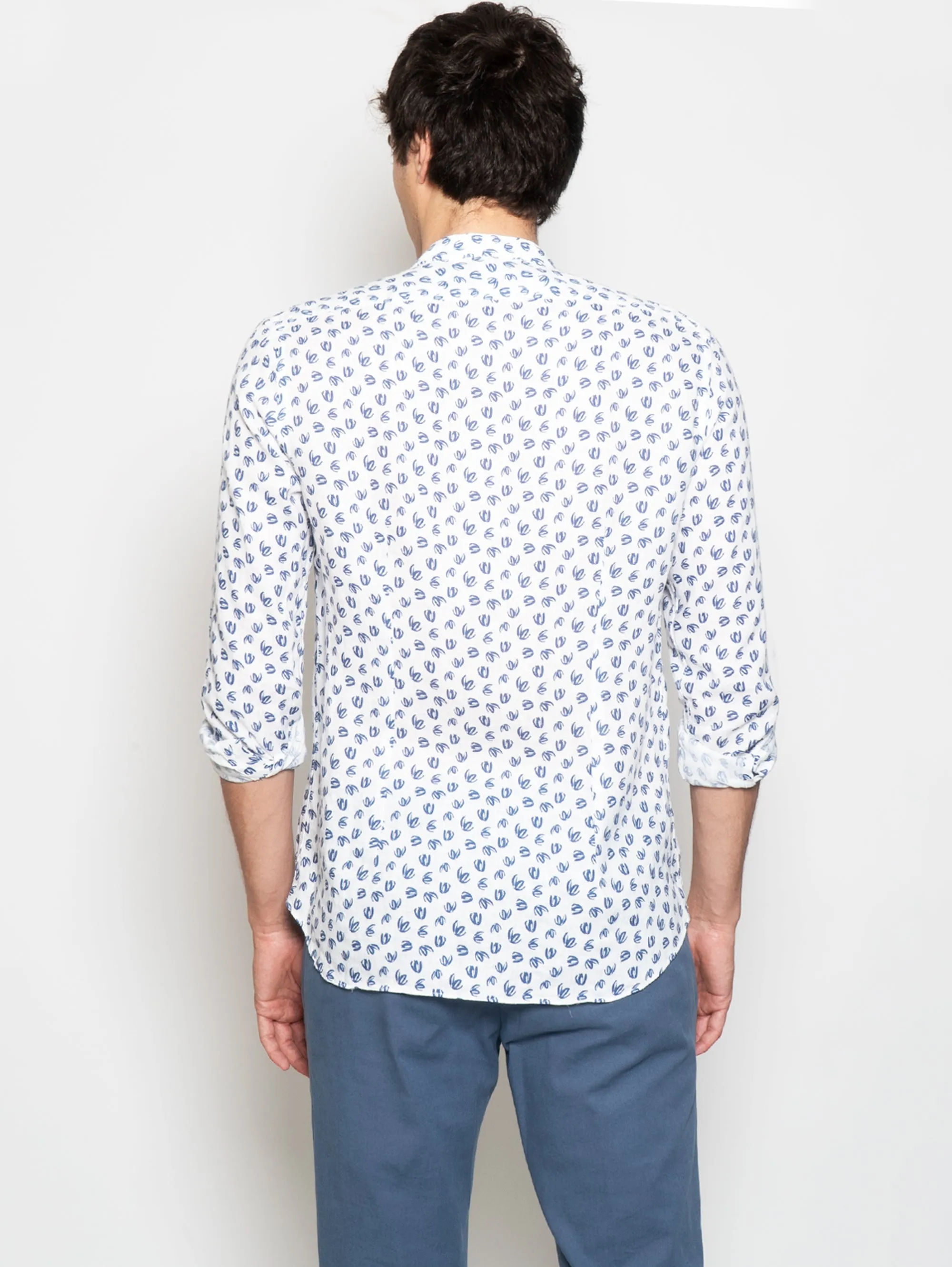 Camicia Coreana  in Lino Stampato Blu