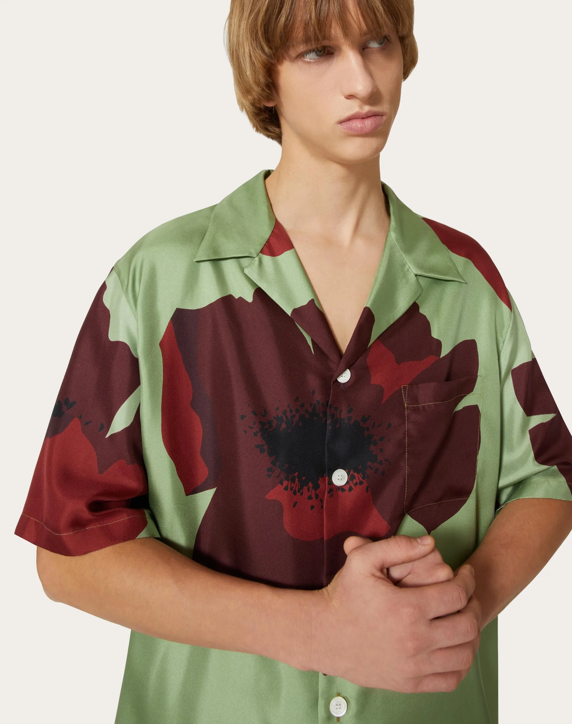 CAMICIA DA BOWLING IN TWILL DI SETA CON STAMPA VALENTINO FLOWER PORTRAIT