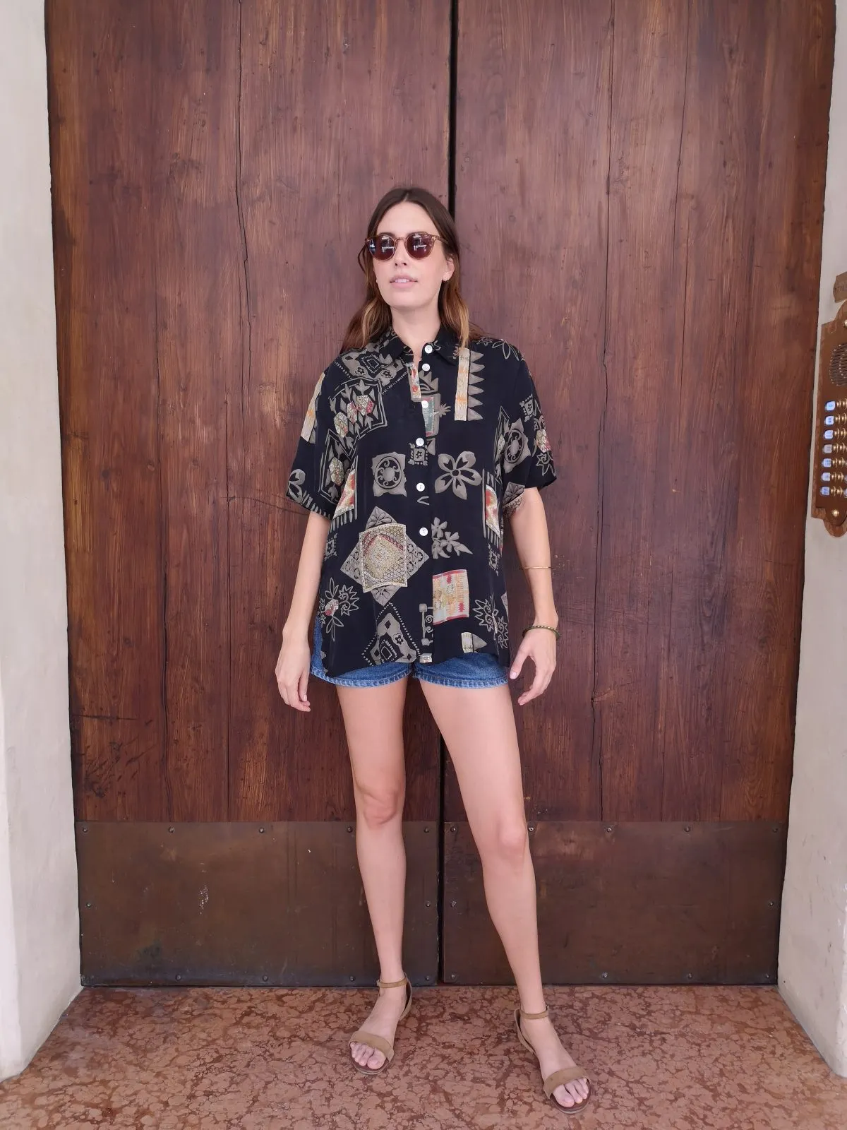 Camicia in pura seta nera fantasia azteca