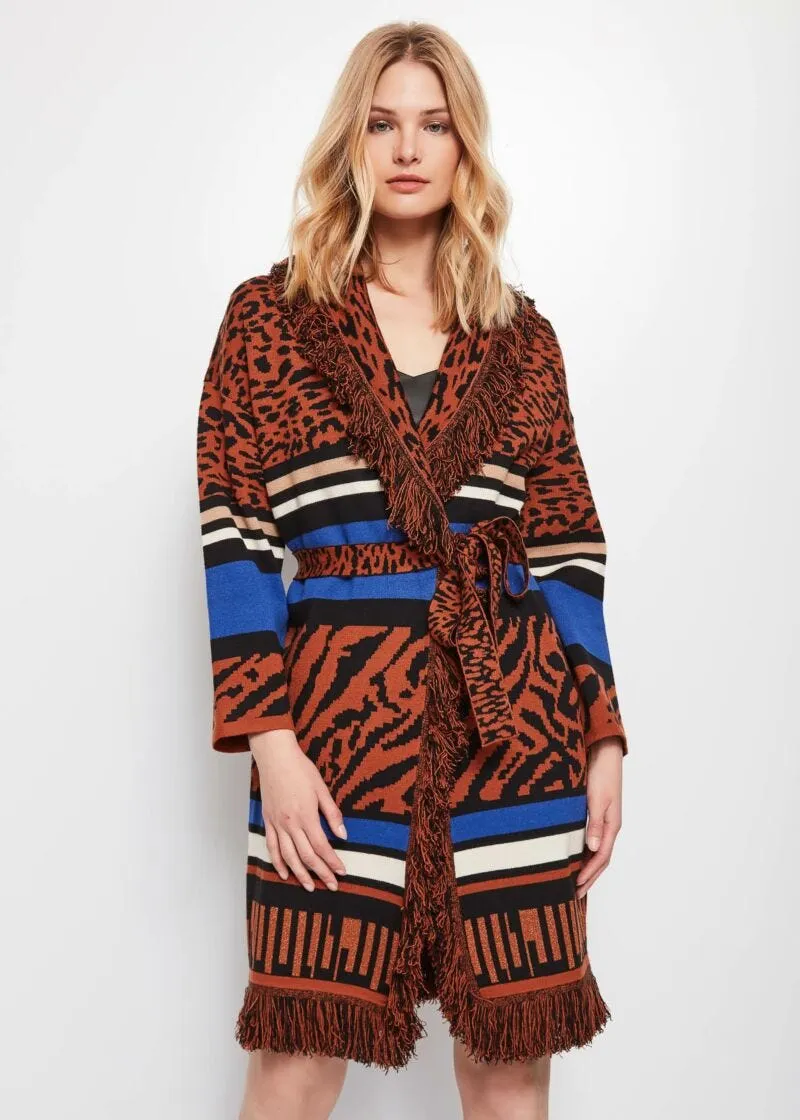 Cardigan animalier con frange