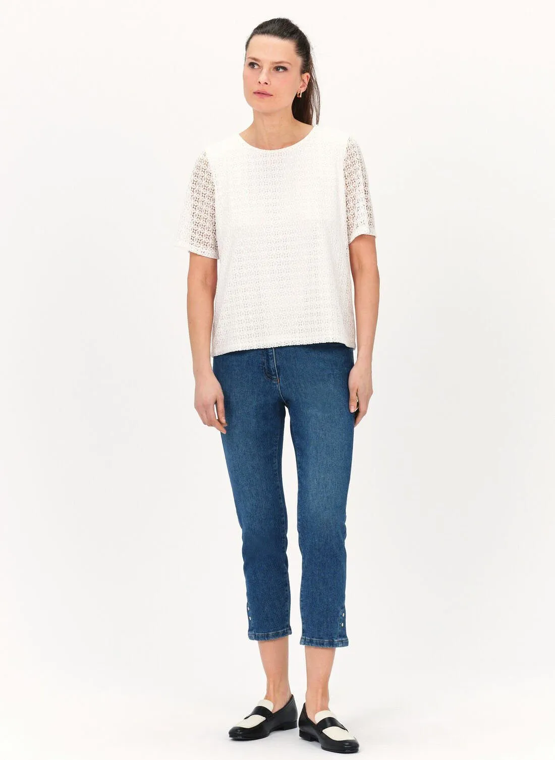  CAROLL   TBOXY - Maglietta diritta con bottoni in pizzo sottile | Beige