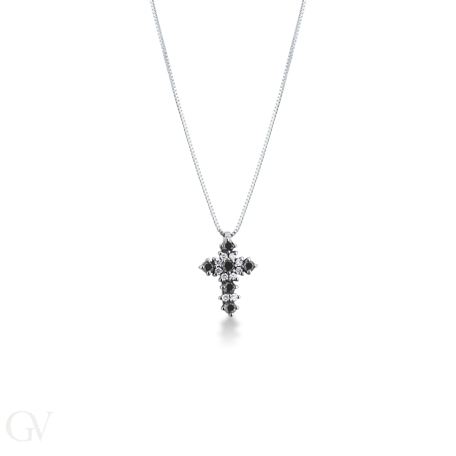 Collana con ciondolo croce in oro bianco 18k con diamanti neri e bianchi