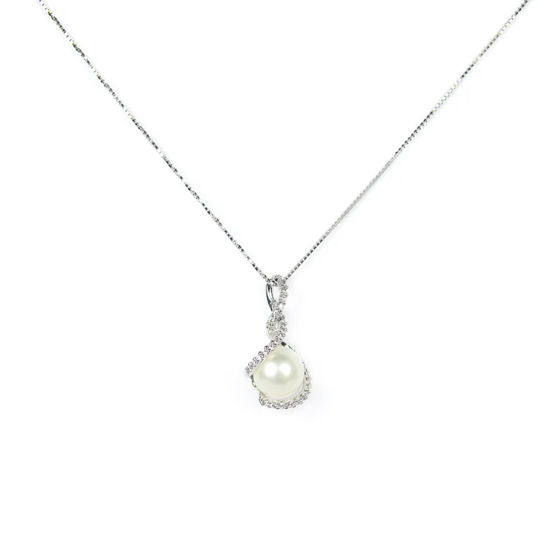 Collana con ciondolo di perla e zirconi  in oro bianco