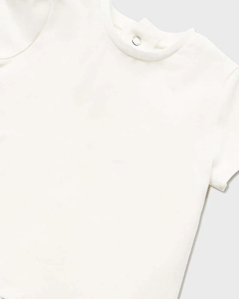 Completo avorio composto da t-shirt e salopette in maglia di cotone con orsetto jacquard 2-6 mesi
