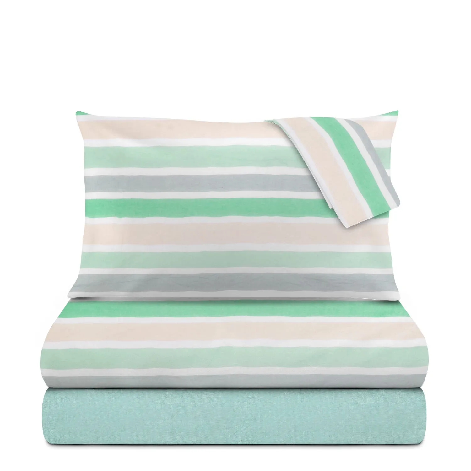 Completo letto matrimoniale - stampa righe menta 
