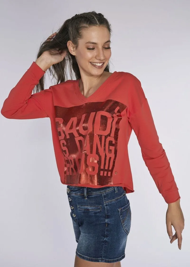 Felpa cropped con stampa laminata