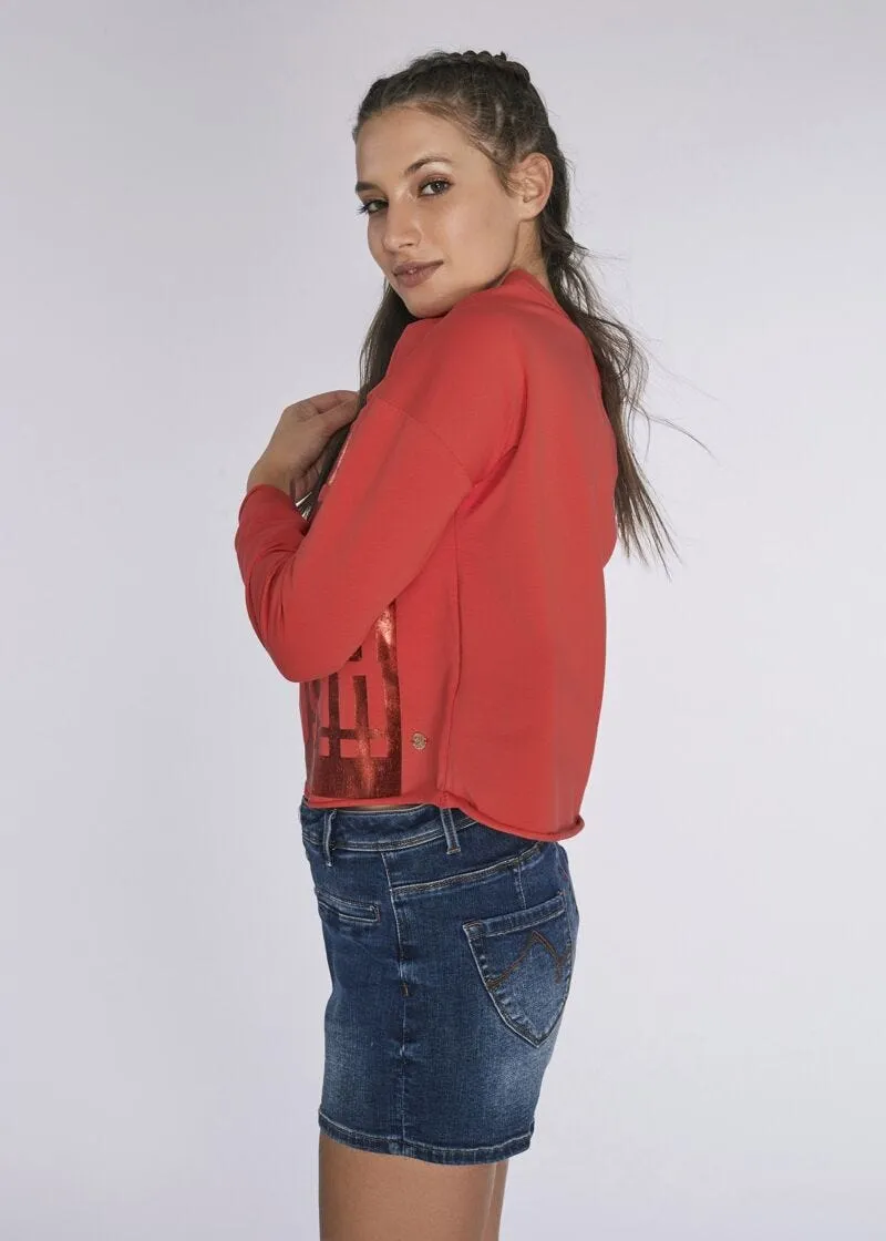 Felpa cropped con stampa laminata