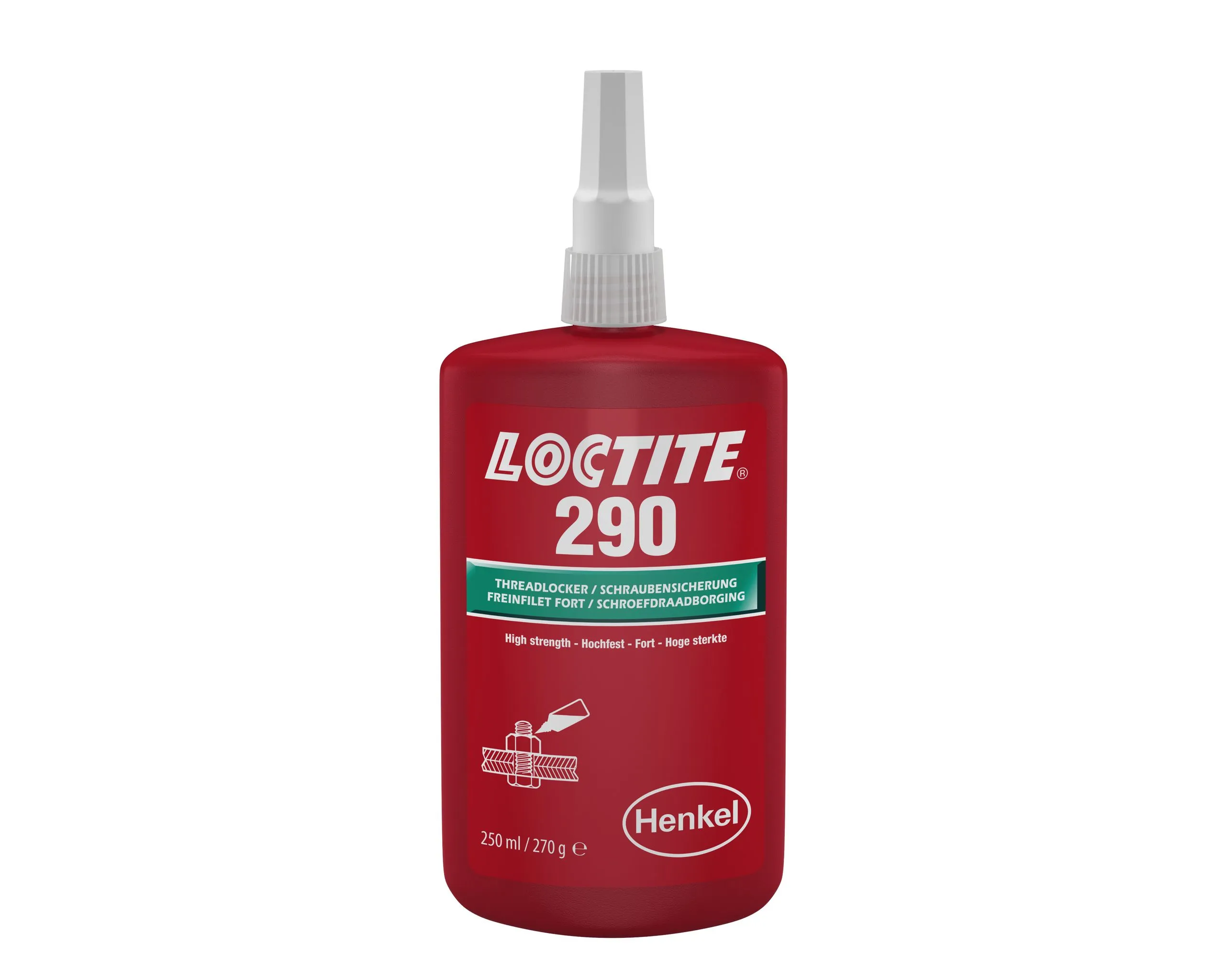 Frenafiletti Loctite 290, resistenza Medio alta, presa 24 h, col. Verde da 250 ML
