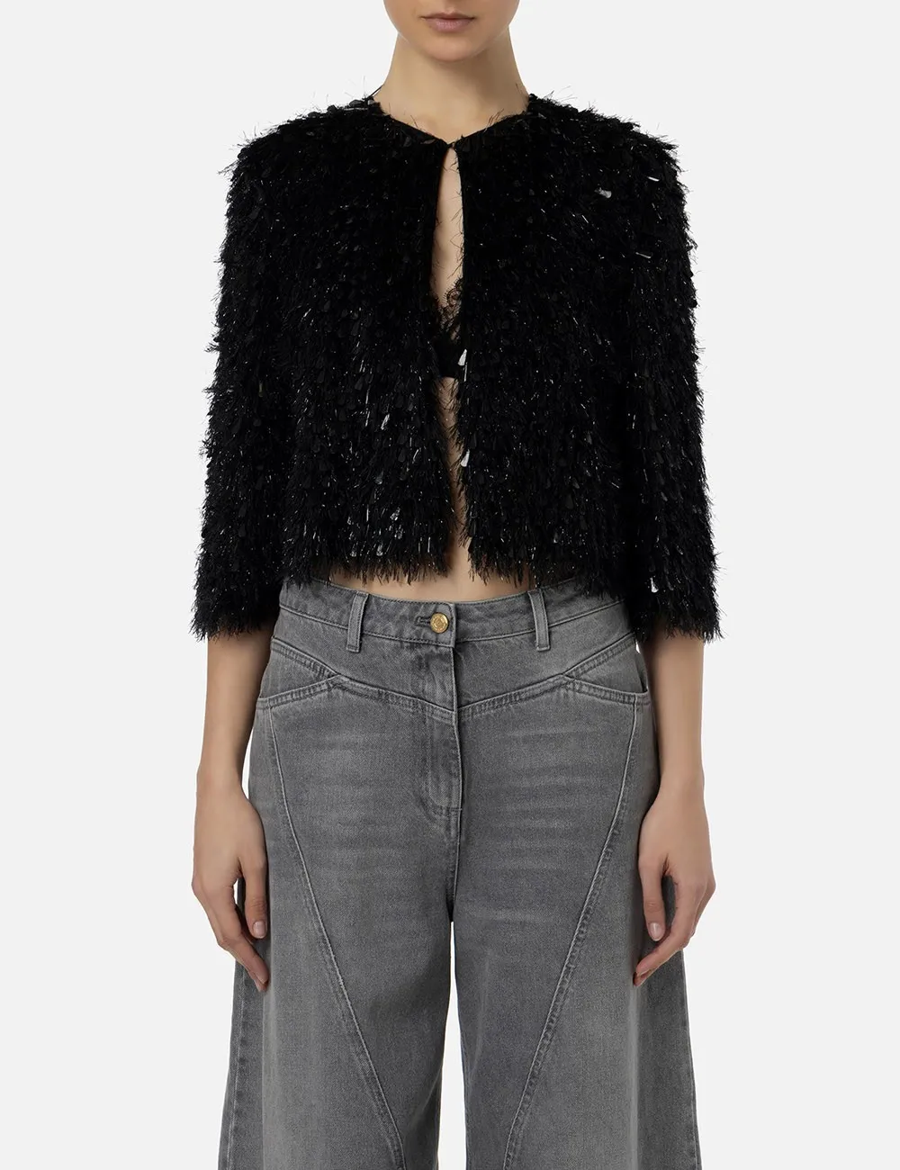Giacca cropped in organza sfrangiata nera