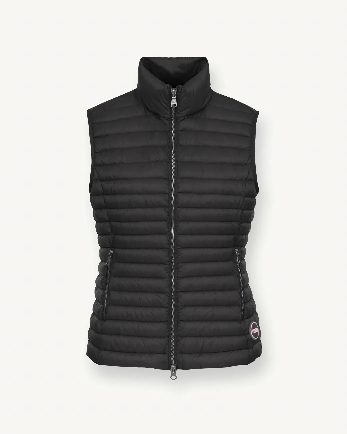 Gilet nero imbottito in piuma naturale con colletto in piedi
