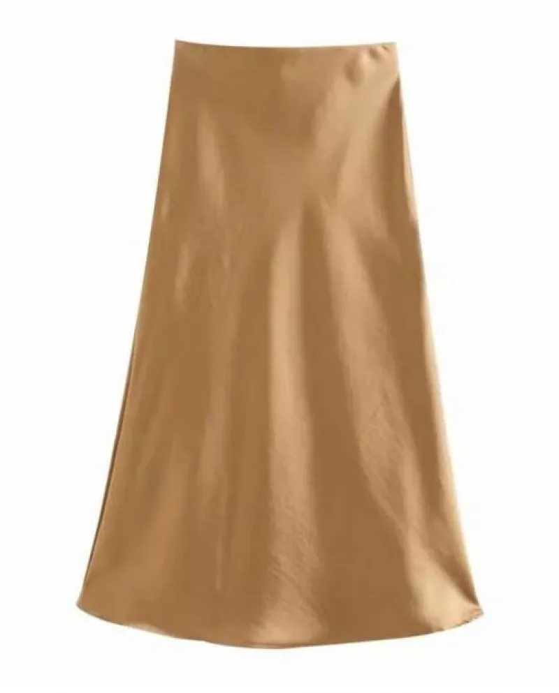Gonna retrò in raso brillante a vita alta Primavera Estate Donna Elastico in vita a metà lunghezza Gonne a linea Femme New Pink