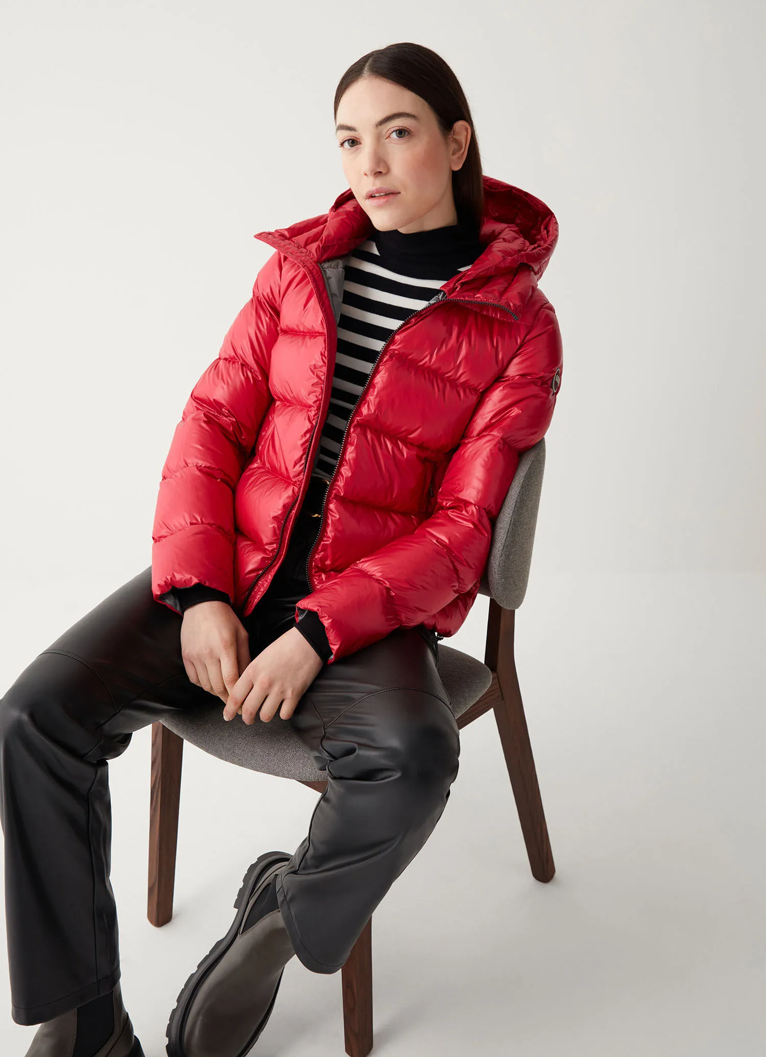 Iridescent down jacket with hood and maxi collar