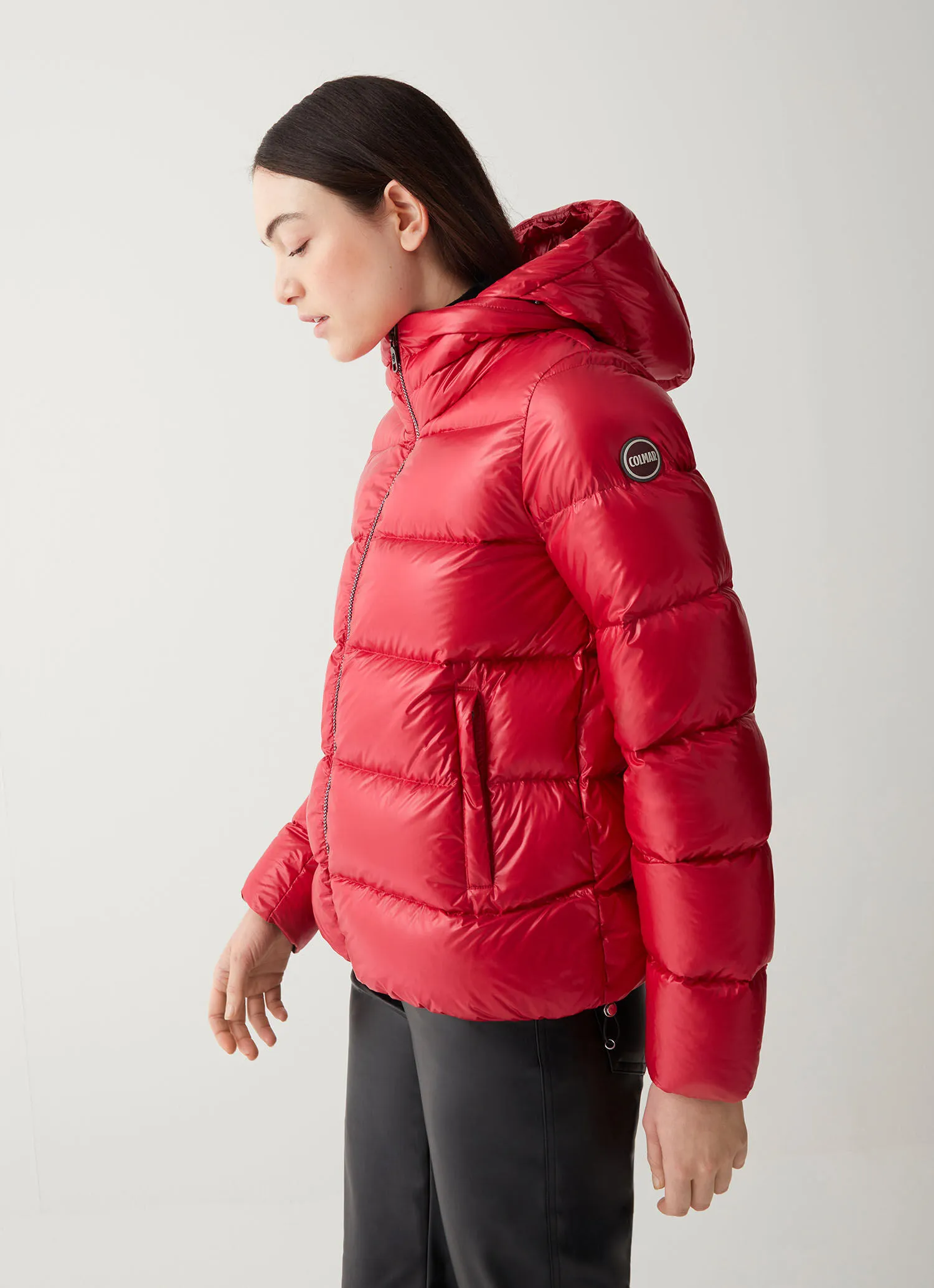 Iridescent down jacket with hood and maxi collar