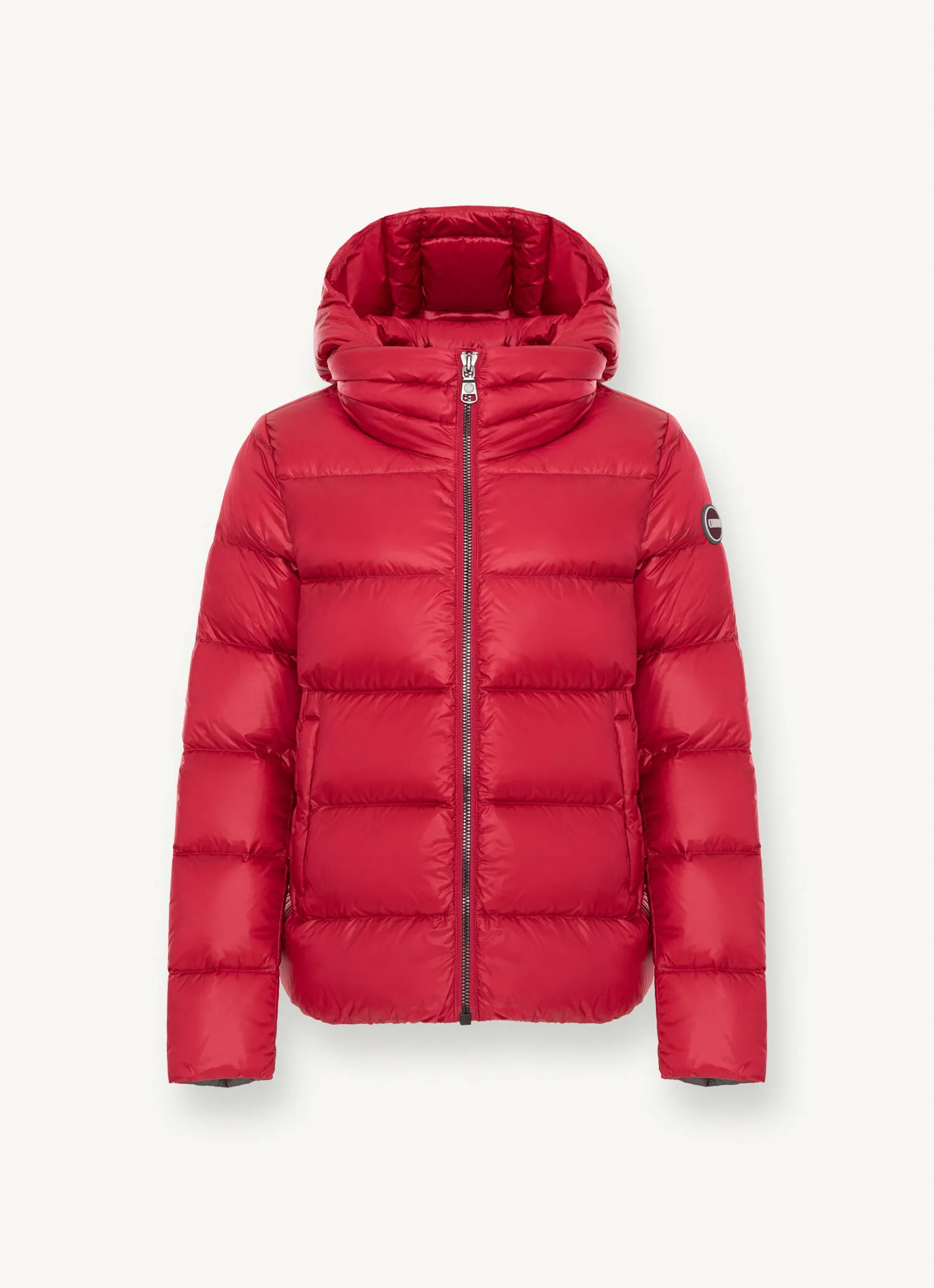 Iridescent down jacket with hood and maxi collar