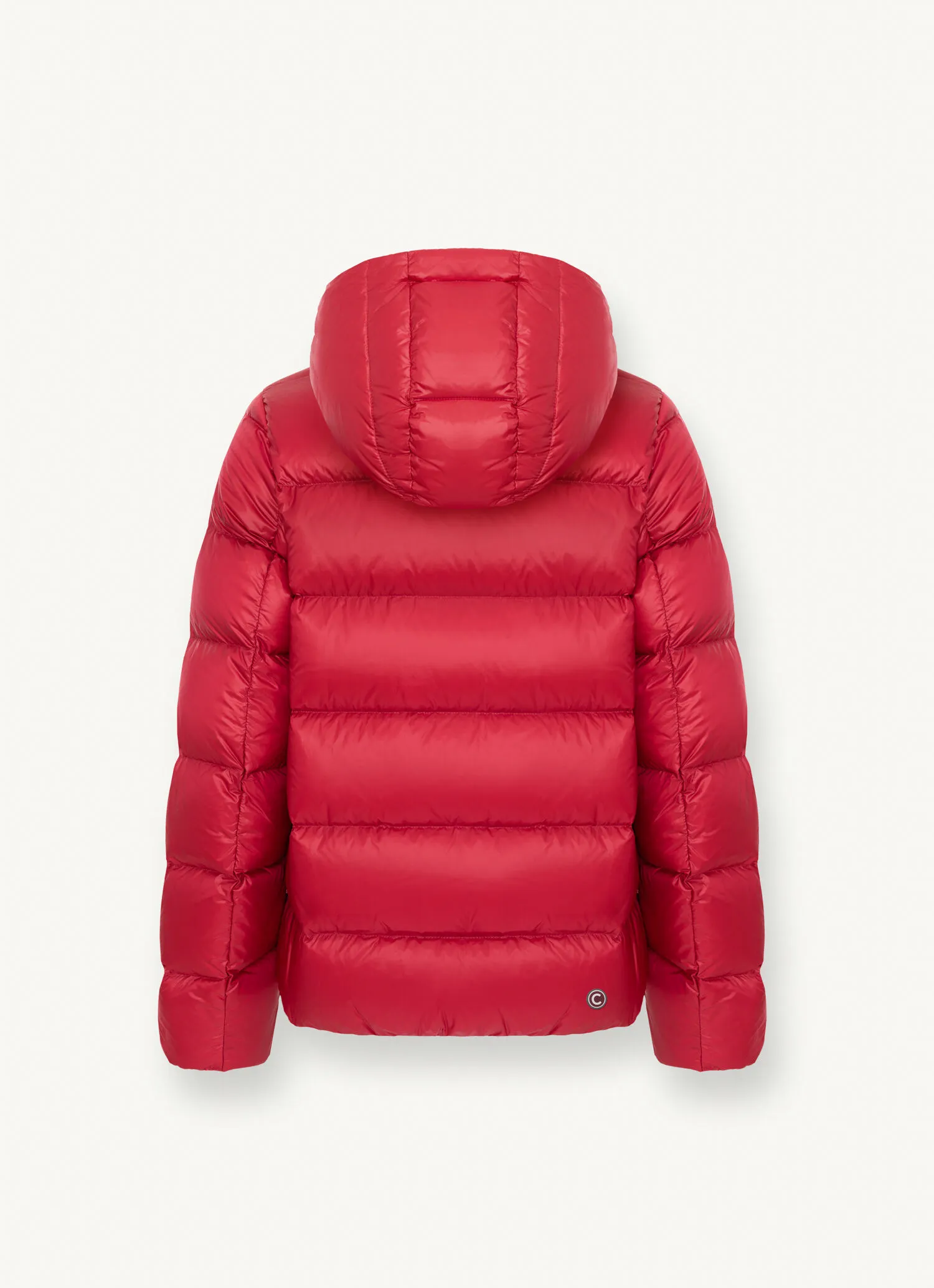 Iridescent down jacket with hood and maxi collar