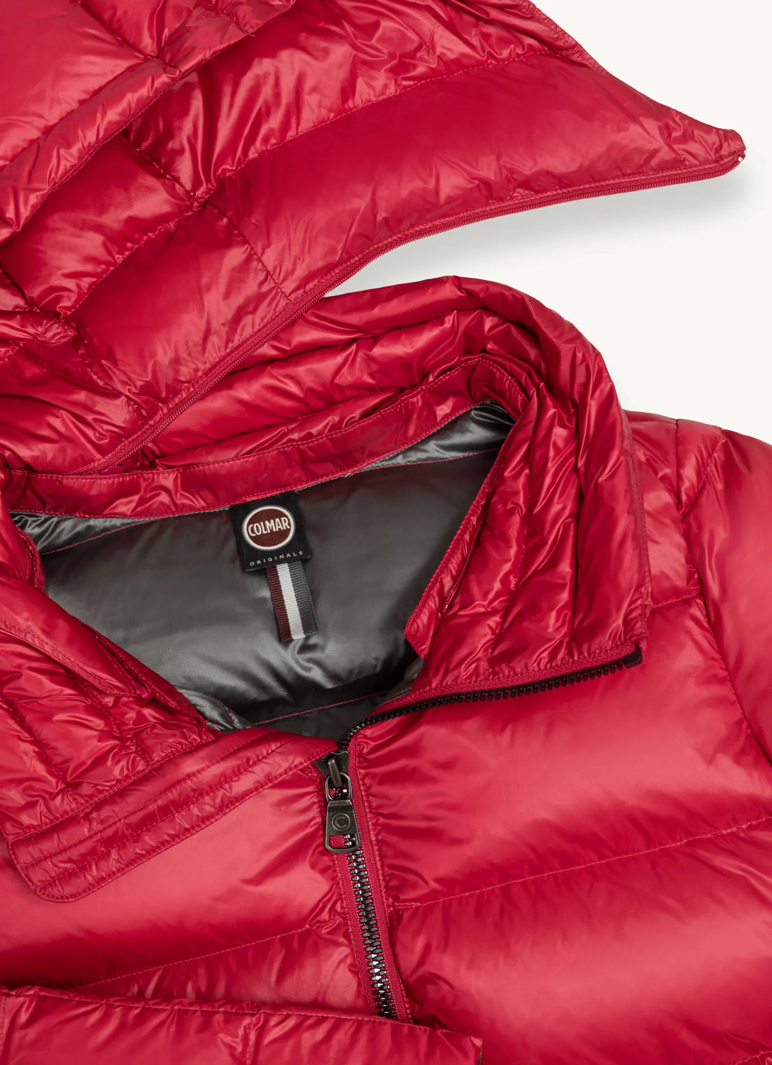 Iridescent down jacket with hood and maxi collar