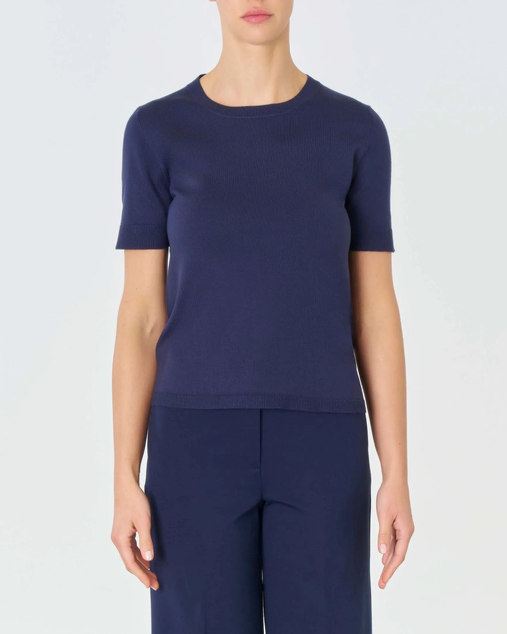 Maglia blu girocollo a maniche corte in misto viscosa