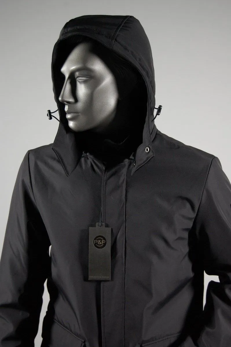 Parka jacket paired with elegant cut two cap colors