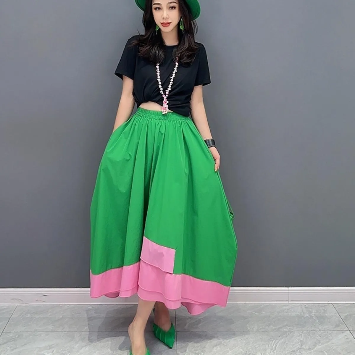 Qing Mo 2023 Estate Nuovo Colore Corrispondenza Casuale Allentato Gonna Verde Donna Slim Moda Gonna di Grandi Dimensioni Zxf3284