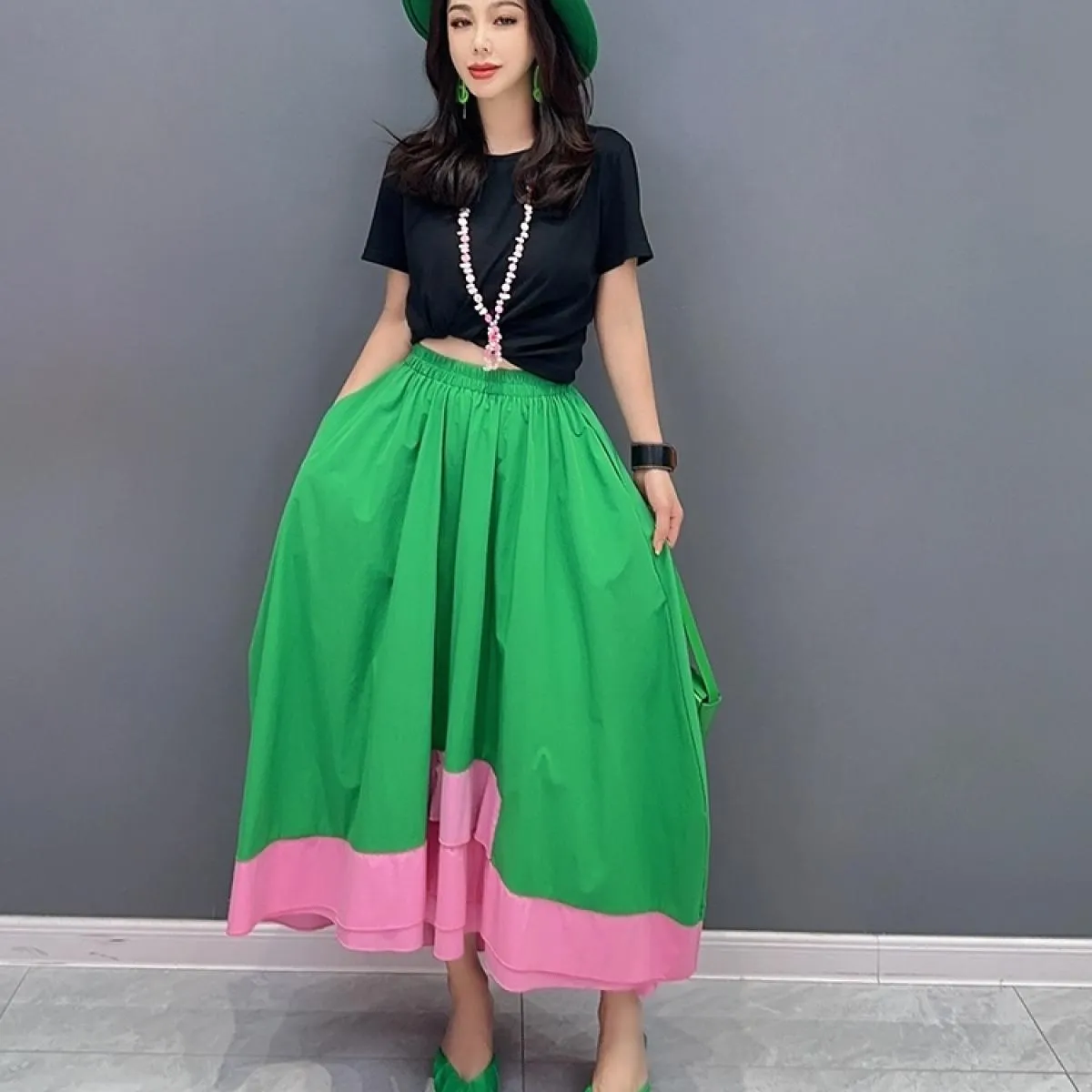 Qing Mo 2023 Estate Nuovo Colore Corrispondenza Casuale Allentato Gonna Verde Donna Slim Moda Gonna di Grandi Dimensioni Zxf3284