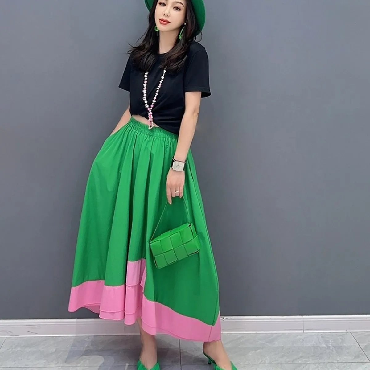 Qing Mo 2023 Estate Nuovo Colore Corrispondenza Casuale Allentato Gonna Verde Donna Slim Moda Gonna di Grandi Dimensioni Zxf3284