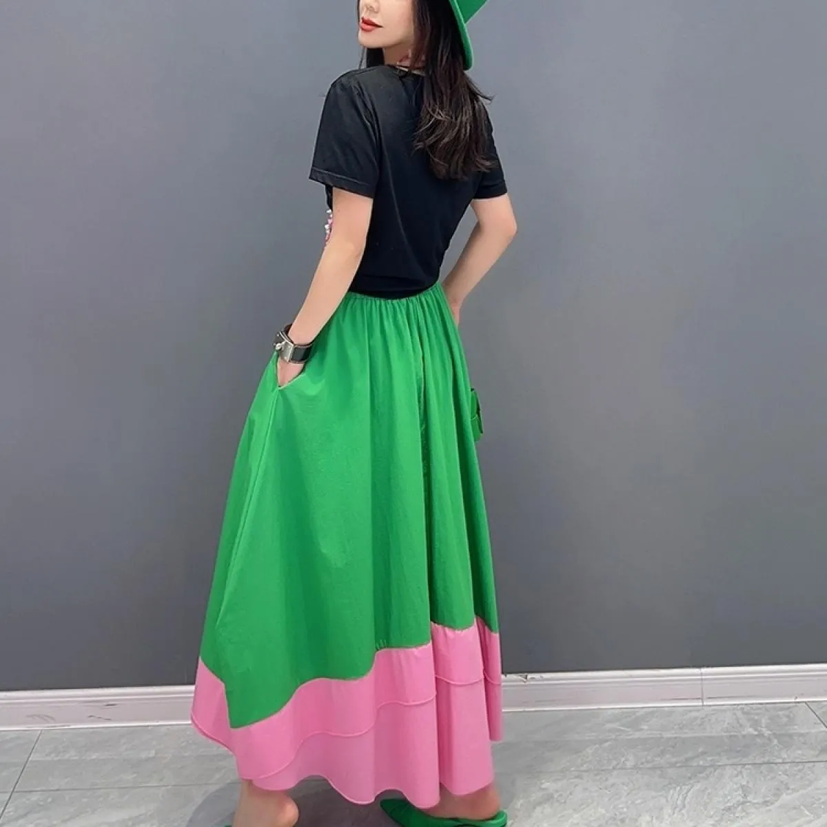 Qing Mo 2023 Estate Nuovo Colore Corrispondenza Casuale Allentato Gonna Verde Donna Slim Moda Gonna di Grandi Dimensioni Zxf3284
