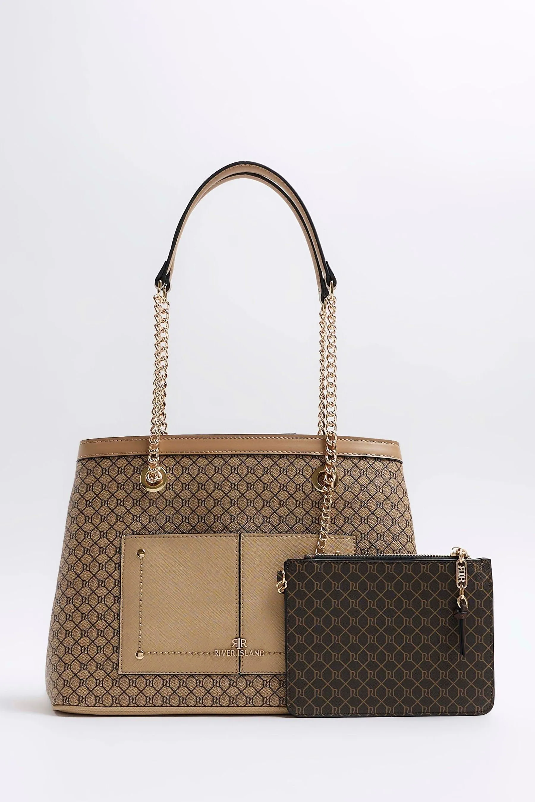 River Island - Borsa tote con tasca e monogramma