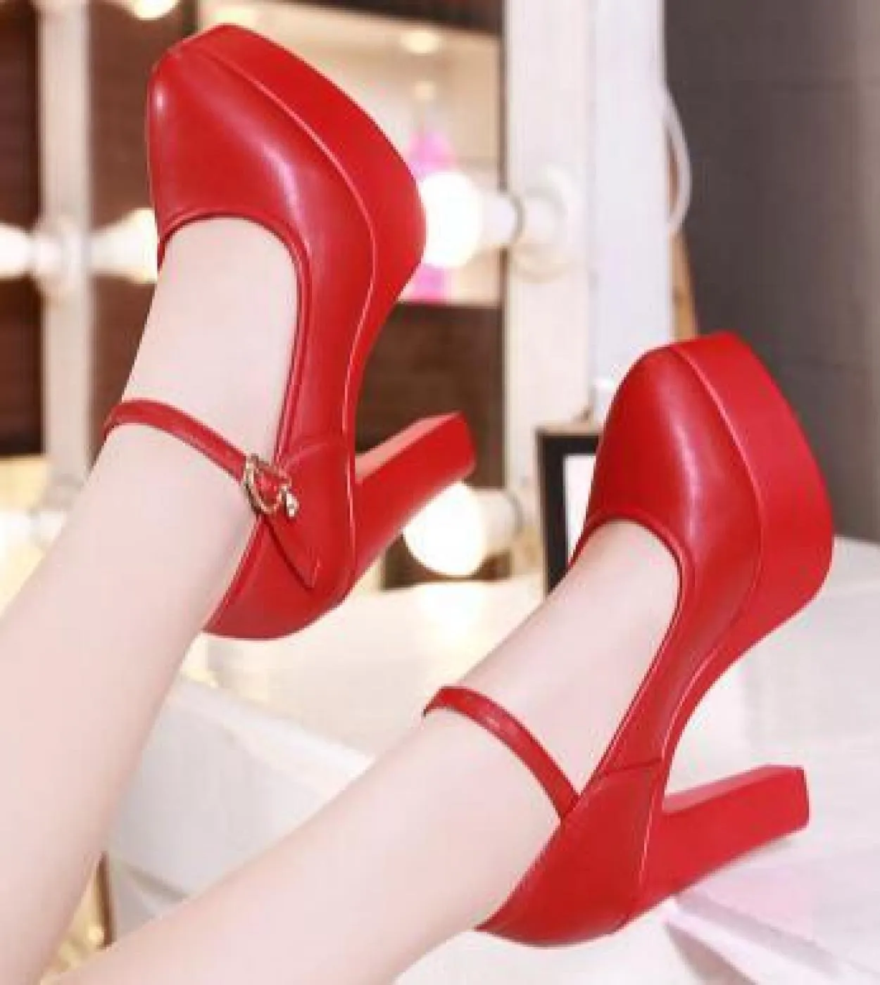 Scarpe con tacco alto da donna in pelle bovina con plateau con tacco Mary Jane Scarpe da donna Décolleté Scarpe da lavoro da uff