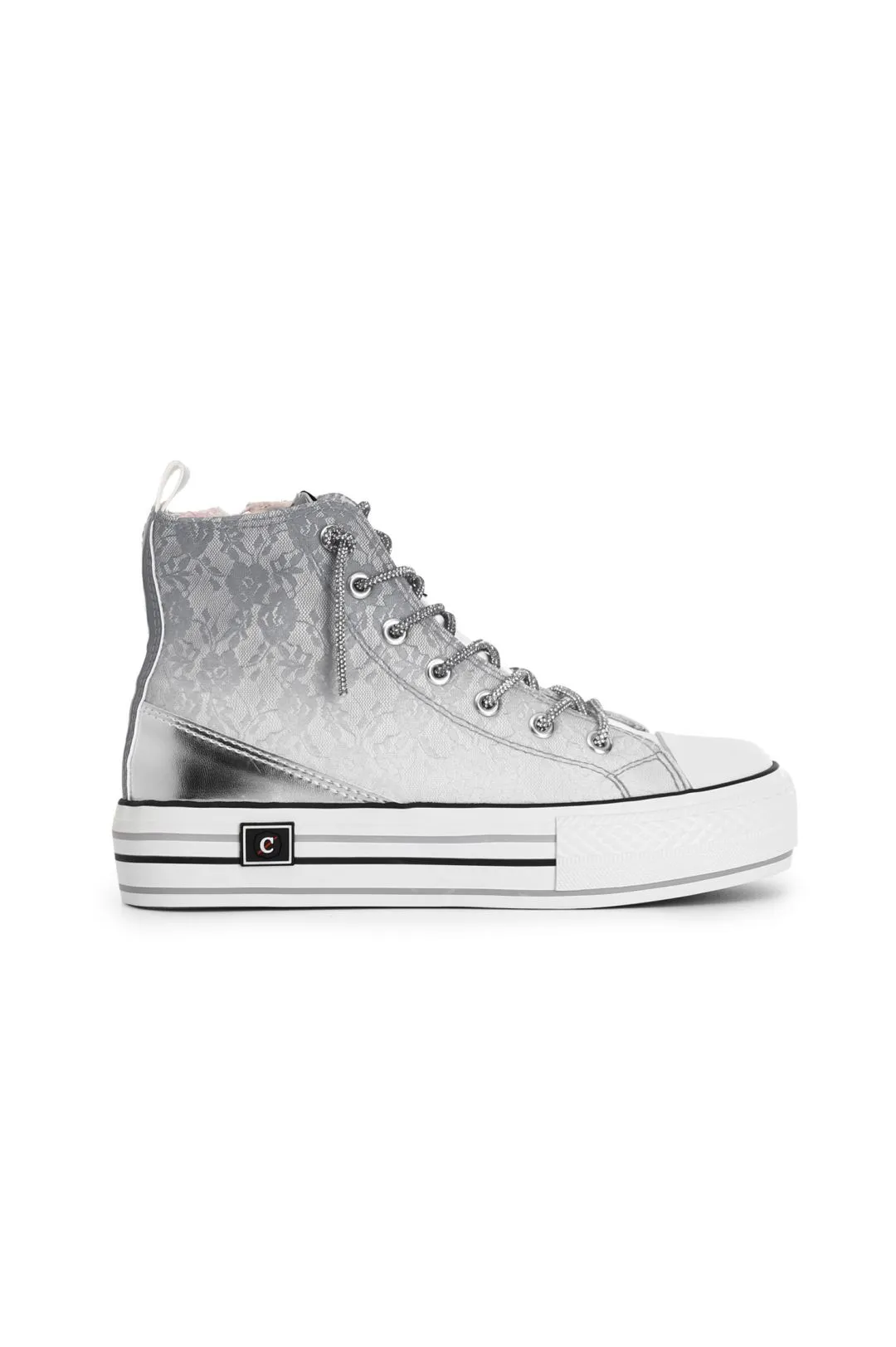 sneakers mid pizzo degradé con lacci strass perla